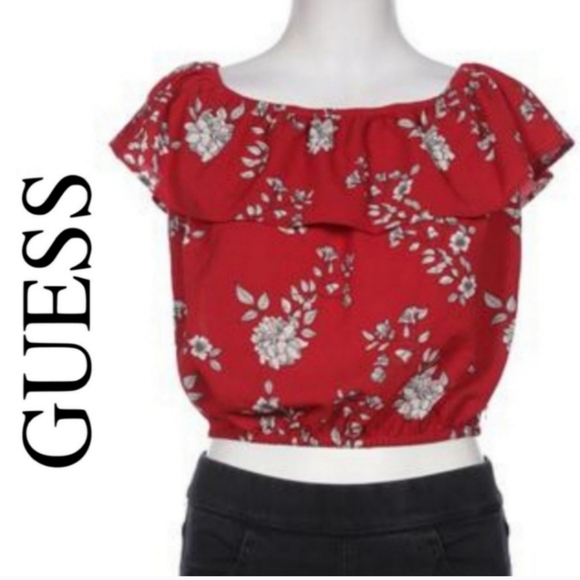 GUESS Red Floral Off Shoulder Crop Sz Med. - Picture 1 of 5